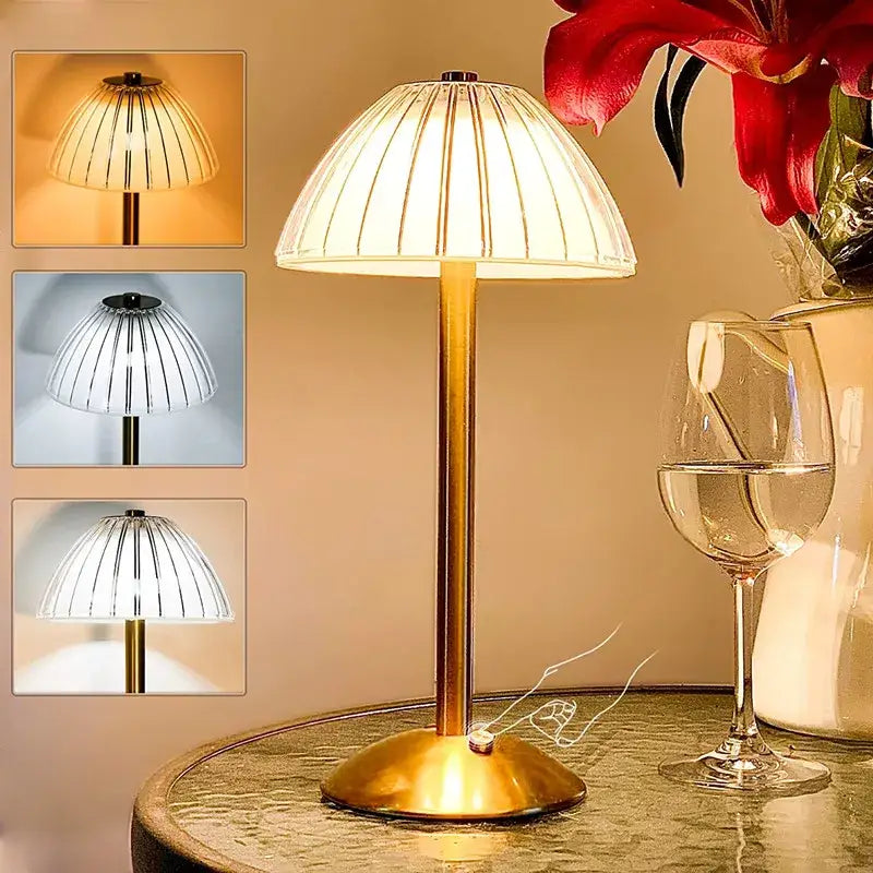Gold pleated diamond touch sensor led table lamp with gold finish and pleated translucent white shade for bedroom use