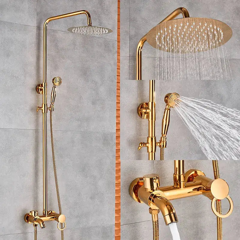 Gold polish rain shower system with round rainhead handheld spray and wall-mounted faucet for bathroom by decorbites gold polish
