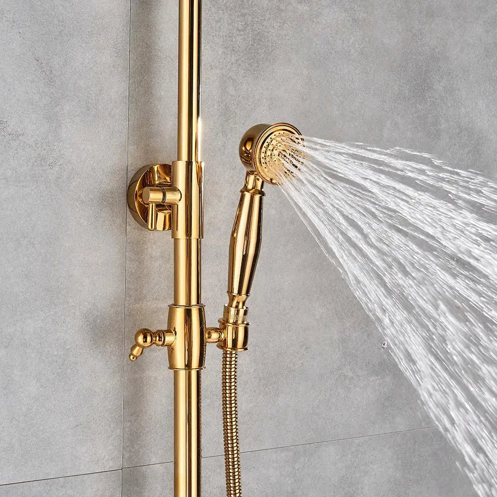 Gold polish rain shower system with handheld spray and vertical rail by decorbites for modern bathroom use