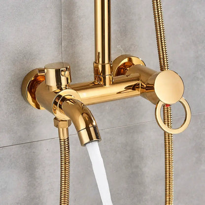 Gold polish rain shower system with brass finish and flexible hoses decorbites gold polish for bathroom use