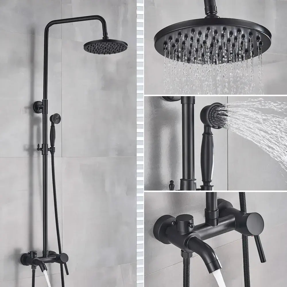 Black matte rain shower system with large overhead rainhead handheld spray and wall-mounted control valve for bathroom decorbites gold polish