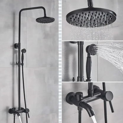 Black matte rain shower system with large overhead rainhead handheld spray and wall-mounted control valve for bathroom decorbites gold polish