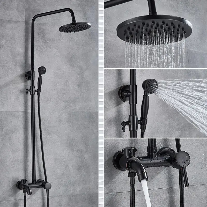 Black matte rain shower system with rectangular rainhead handheld spray and wall-mounted control valve for bathroom decorbites gold polish