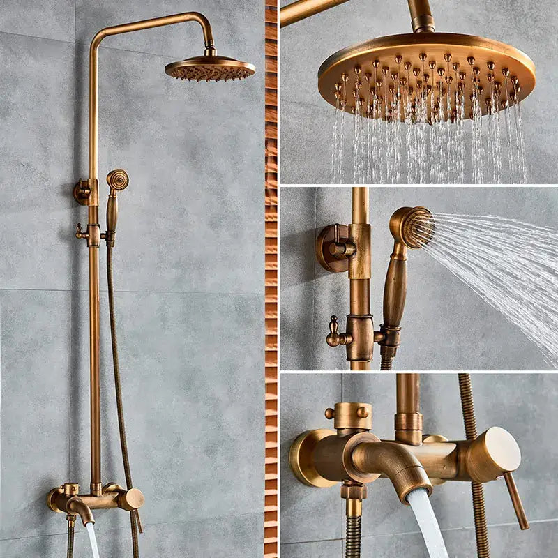 Brass-finished gold polish rain shower system with fixed overhead rainhead handheld spray and wall-mounted control valve