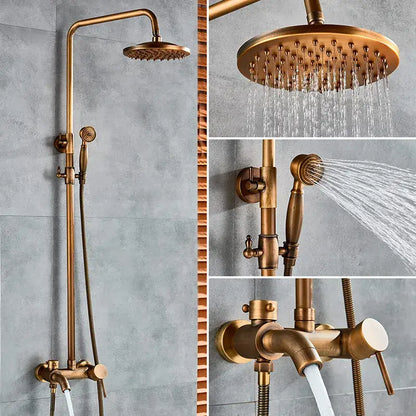 Brass-finished gold polish rain shower system with fixed overhead rainhead handheld spray and wall-mounted control valve