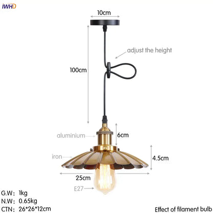 Industrial-style pendant lights with brass-colored iron petal shade and exposed filament bulb by decorbites gold retro