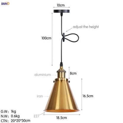 Brass-colored conical pendant light with black adjustable cord and iron base for dining room decorbites gold retro pendant lights