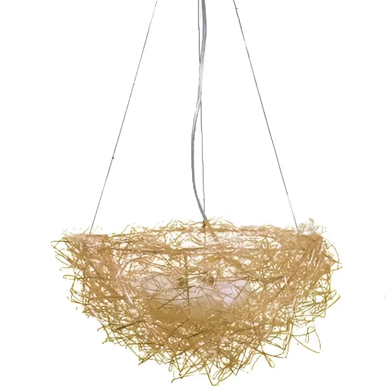Gold and silver bird’s nest pendant lights feature woven golden-brown nest pendant lights with a soft pinkish glow for dining room