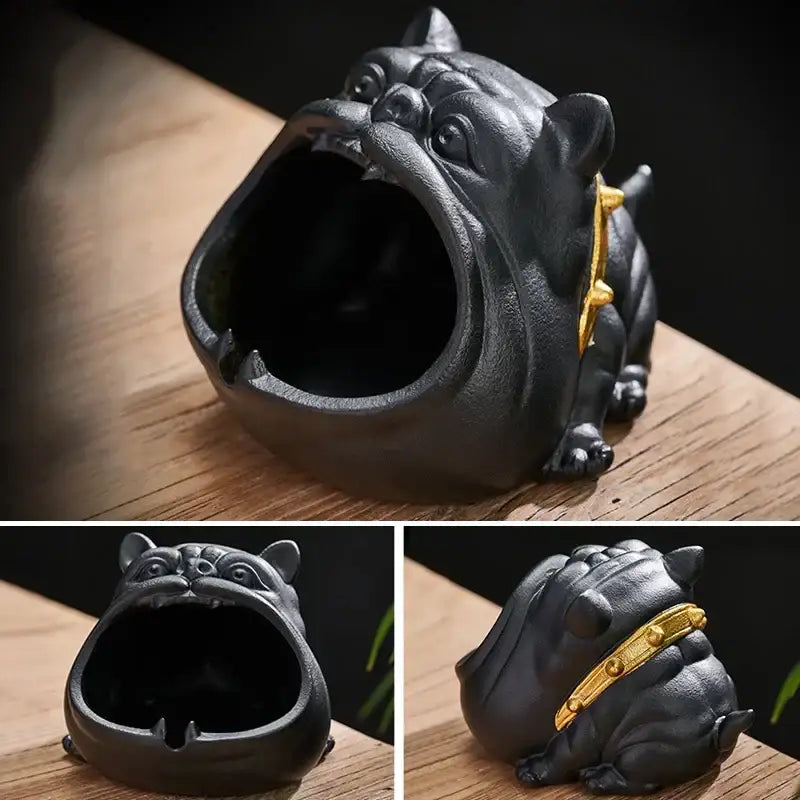 Black cast iron bulldog ceramic ashtray with gold-colored collar for office desktop decor by decorbites bulldog ceramic
