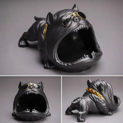 Black cast iron decorbites bulldog ceramic ashtray with gold-rimmed sunglasses and matching collar for office decor