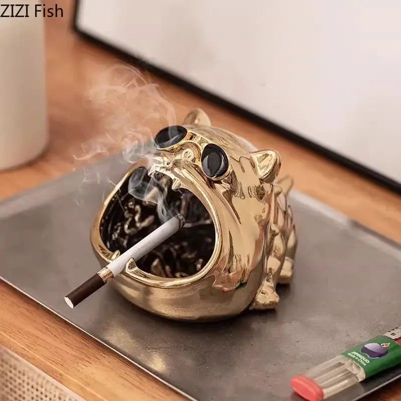 Golden tiger-shaped bulldog ceramic ashtray with black gemstone eyes and cigarette for office desktop decorbites bulldog ceramic