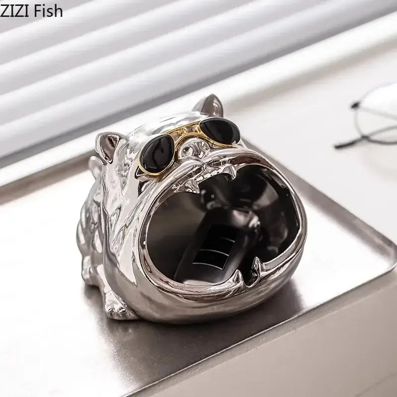 Shiny silver decorbites bulldog ceramic ashtray with black sunglasses for office desktop decor