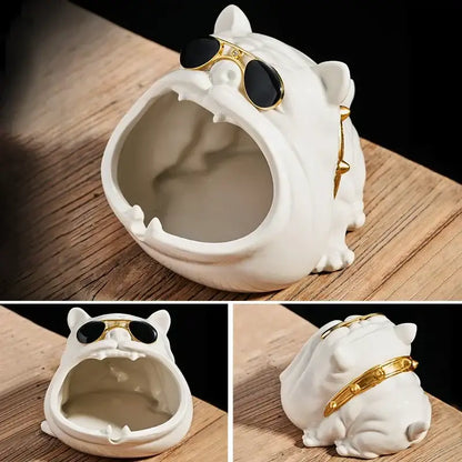 White ceramic decorbites bulldog ceramic ashtray with gold-rimmed sunglasses and matching gold collar for office decor