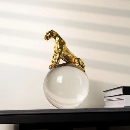 Gold and silver leopard crystal ball metal sculpture with golden leopard figurine on clear glass sphere for decorbites decor