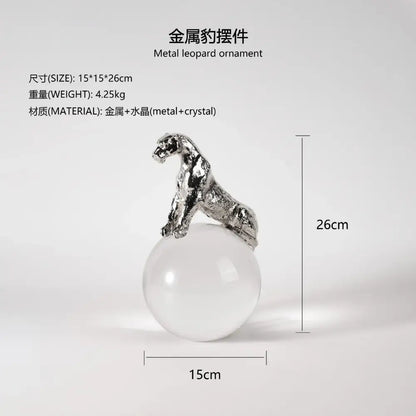 Silver metal leopard crystal ball sculpture perched atop a clear sphere for living room decorbites leopard crystal decor
