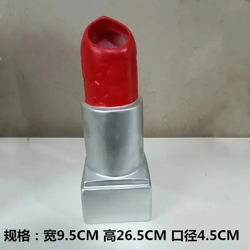 Glossy red resin decorbites lipstick vase with metallic silver base and cap for bedroom flower decor