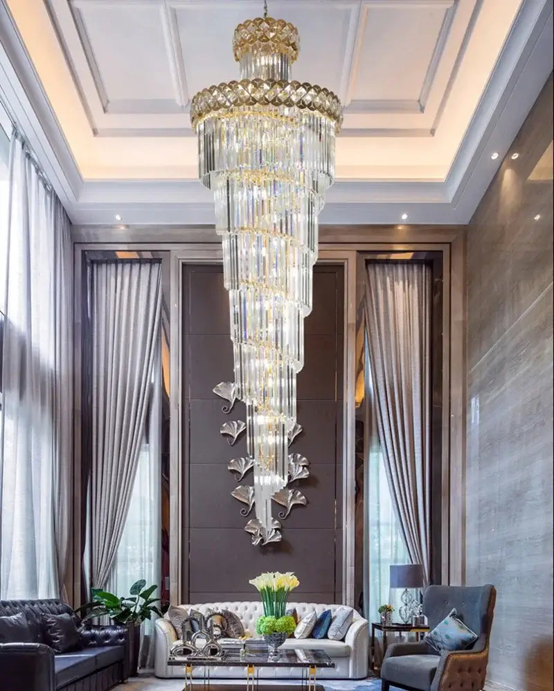 A towering multi-tiered gold stainless steel crystal chandelier pendant light for staircase decorbites gold stainless design