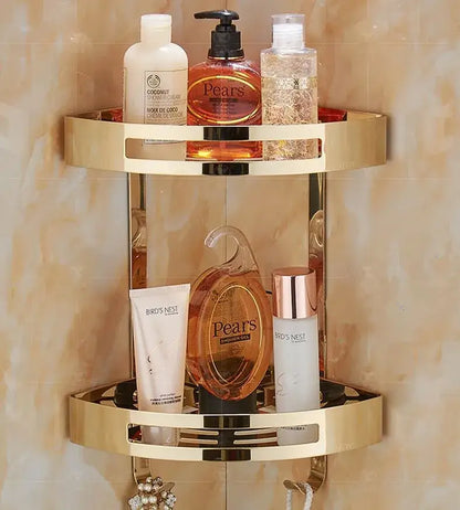 Gold stainless steel two tier corner shelf bathroom shower caddy with sleek metallic finish and integrated hooks by decorbites