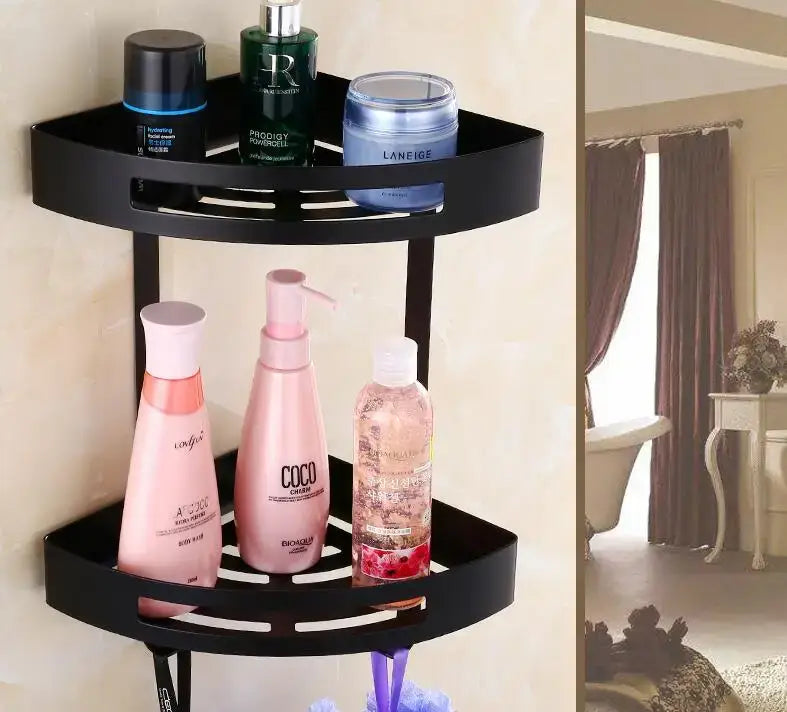 Black metal corner shelf holding toiletries in decorbites gold stainless steel two tier corner shelf bathroom shower caddy