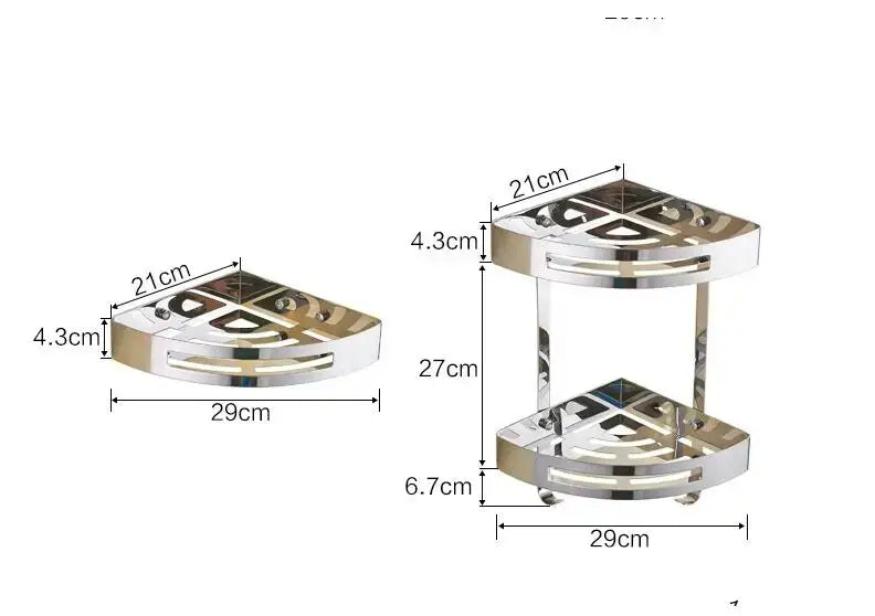 Shiny chrome-finished gold stainless steel two tier corner shelf with geometric cutouts and rounded edges by decorbites