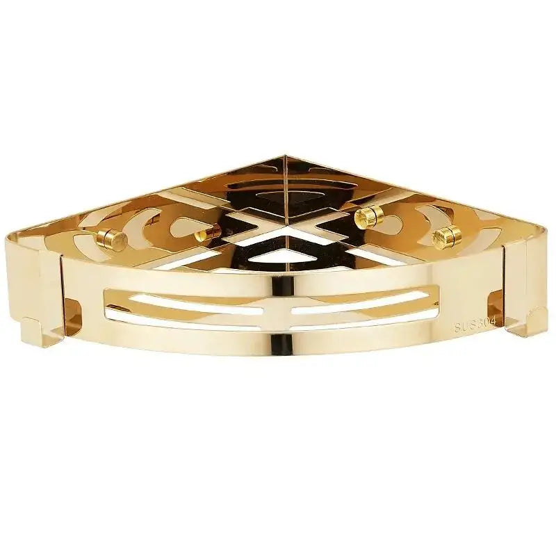 Gold stainless steel two tier corner shelf with angular geometric cutout pattern for bathroom shower caddy decorbites gold stainless