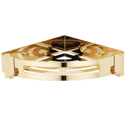 Gold stainless steel two tier corner shelf with angular geometric cutout pattern for bathroom shower caddy decorbites gold stainless