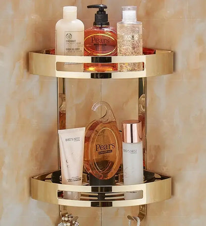 Gold stainless steel two tier corner shelf shower caddy with modern design for bathroom decorbites gold stainless collection