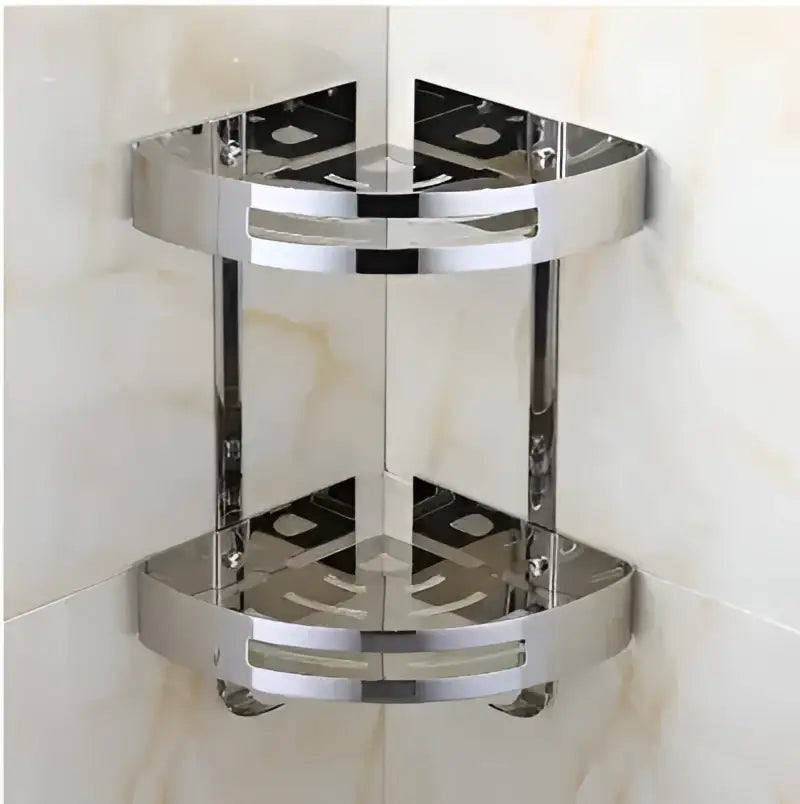 Shiny chrome-finished stainless steel corner shelf with double tiers and rounded edges for bathroom shower by decorbites gold stainless