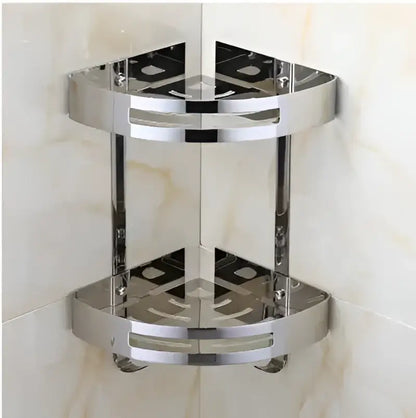 Shiny chrome-finished stainless steel corner shelf with double tiers and rounded edges for bathroom shower by decorbites gold stainless