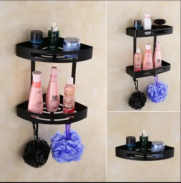Black corner shelf shower caddy with two tiers and hanging loops, stainless steel decorbites gold stainless style