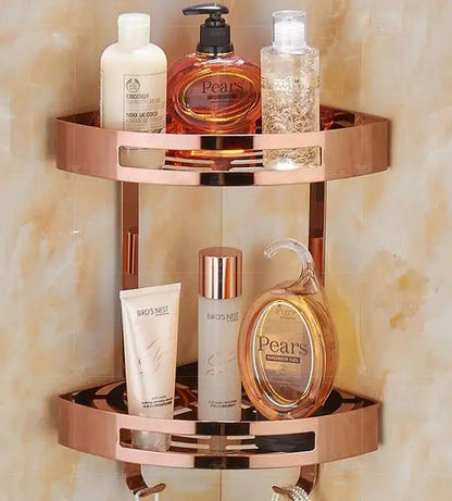 Rose gold stainless steel two tier corner shelf shower caddy with integrated hooks by decorbites gold stainless