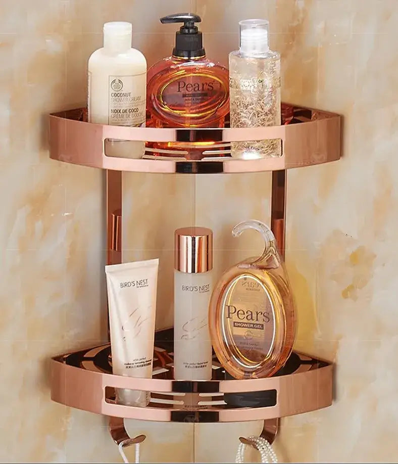 Rose gold two-tier stainless steel corner shelf shower caddy with sleek design and transparent glass inserts decorbites gold stainless