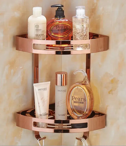 Rose gold two-tier stainless steel corner shelf shower caddy with sleek design and transparent glass inserts decorbites gold stainless
