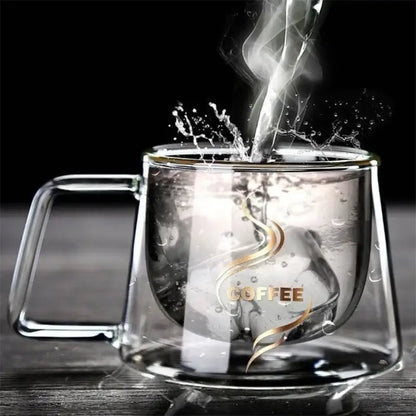 Clear double-walled decorbites glass coffee mug with gold rim and coffee logo, ideal espresso cup for kitchen use