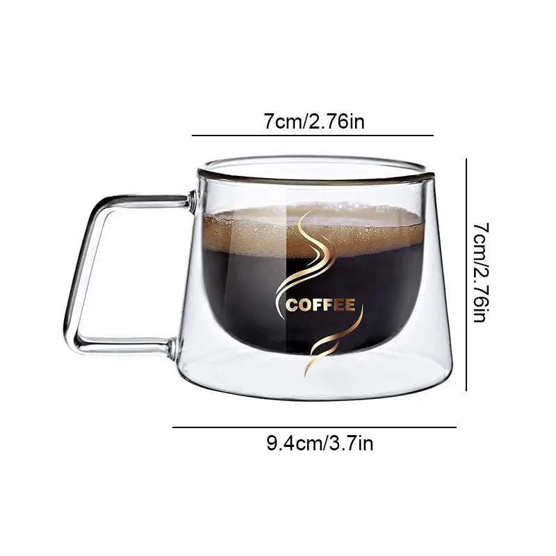 Clear double-walled glass coffee mug with gold coffee logo and swirl design from decorbites glass double for espresso cup use