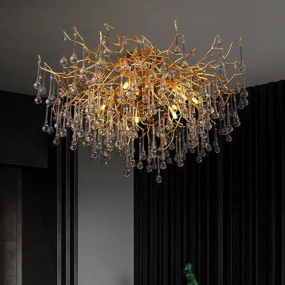 Gold tree branch chandelier with gold tree style and crystal droplets for elegant dining room lighting