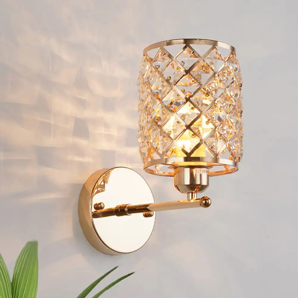 Gold-toned wall light kit with crystal lattice shade direct wired electric for elegant living room lighting