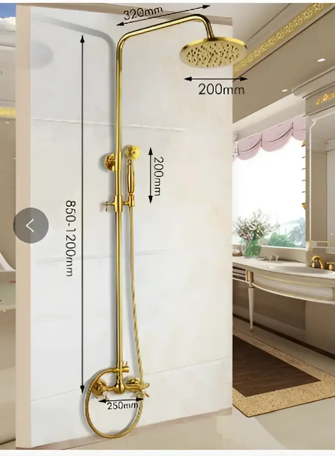 Gold-colored polished brass dual handle wall mounted rainfall shower system with curved arm and circular rainhead by decorbites