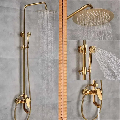 Gold finished brass dual handle wall rainfall shower system with tall overhead rainhead and handheld spray nozzle for bathroom