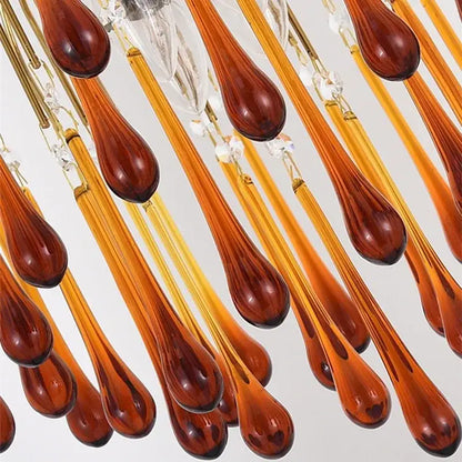 Golden amber crystal water drop chandelier pendant with amber glass teardrops and clear crystal accents for dining room light