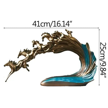 Bronze galloping horse luxury sculpture with four horses surging through a dynamic blue wave for decorbites decorbites galloping horse