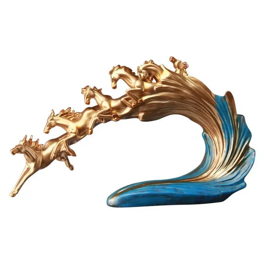Golden and blue galloping horse luxury sculpture with dynamic motion on flowing wave base for living room decorbites decor