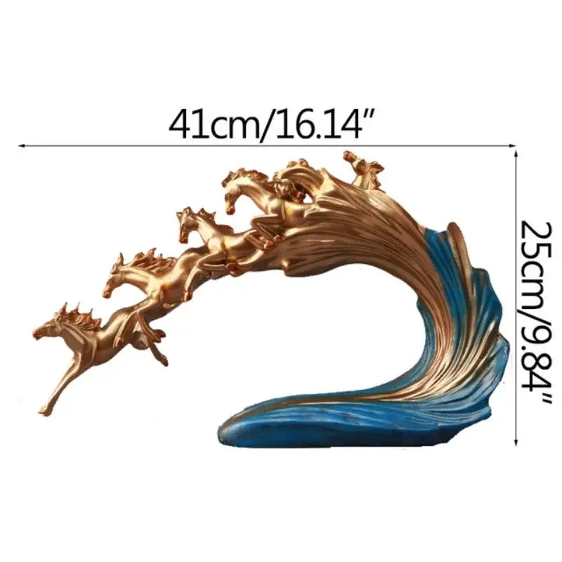 Golden and blue galloping horse luxury sculpture with dynamic motion on flowing wave base for living room decorbites decor