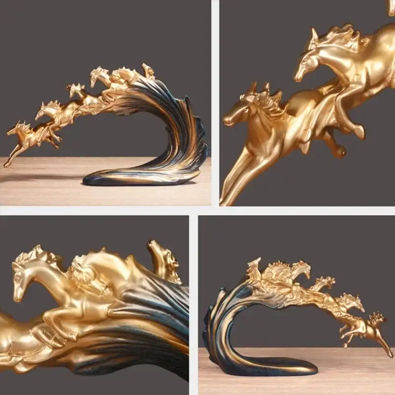 Golden and blue galloping horse luxury sculpture with flowing wave base for living room decorbites galloping horse decor