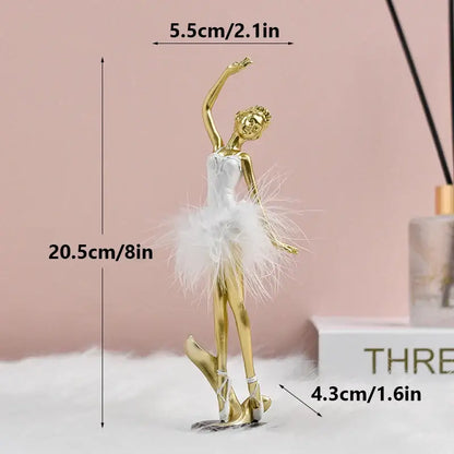 Golden and white ballet girl resin figurine with feathered tutu and satin bodice for desktop bedroom decor