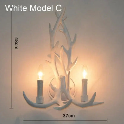 White antler-style wall lamp with two candle-like bulbs for living room decorbites deer horn wall sconce