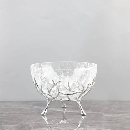 Clear crackled glass fruit plate with silver antler feet ideal as a glass fruit plate dining room centerpiece bowl