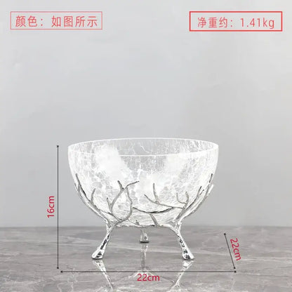 Clear crackled glass fruit plate with silver metallic antler base and three legs for dining room centerpiece use