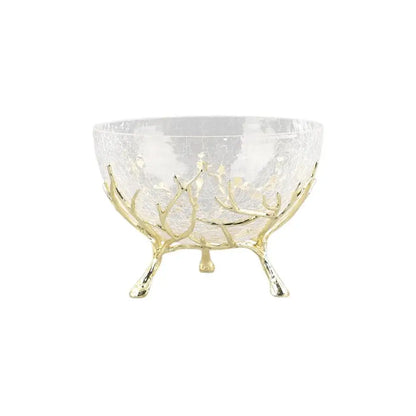 Clear textured glass fruit plate with gold-toned antler metal base for elegant dining room centerpiece use