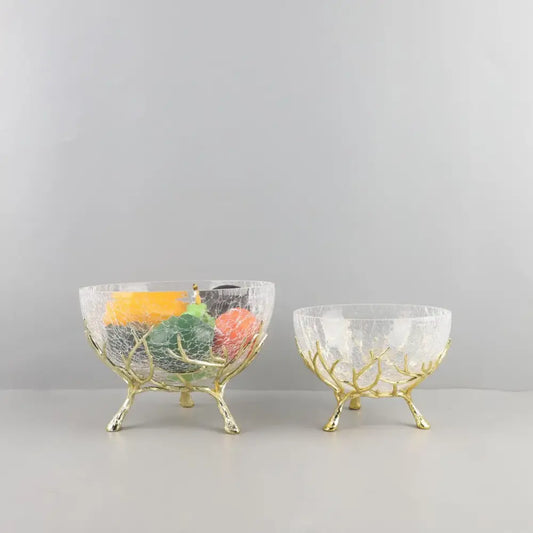 Gold-toned antler glass fruit plate with crackled clear glass interior for dining room centerpiece bowl
